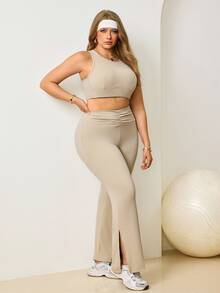 Easithlete Set Olahraga Wanita Ukuran Besar dengan Bantalan Terintegrasi untuk Yoga, Jogging, dan Pilates - Khaki - View 3