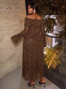 Firerie Setelan 2 Potong Atasan dan Rok Jacquard Warna Polos Elegan Ukuran Plus untuk Wanita, Warna Hijau Tua, Cocok untuk Acara Makan Malam Formal Musim Panas - Coklat - View 6