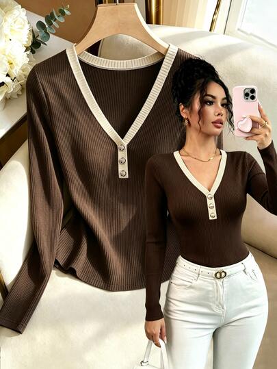 Elenzga Dark Brown Ribbed Off-White V-Neck Button-Up Fitted Cropped Stretch Long Sleeve Versatile Women's Top