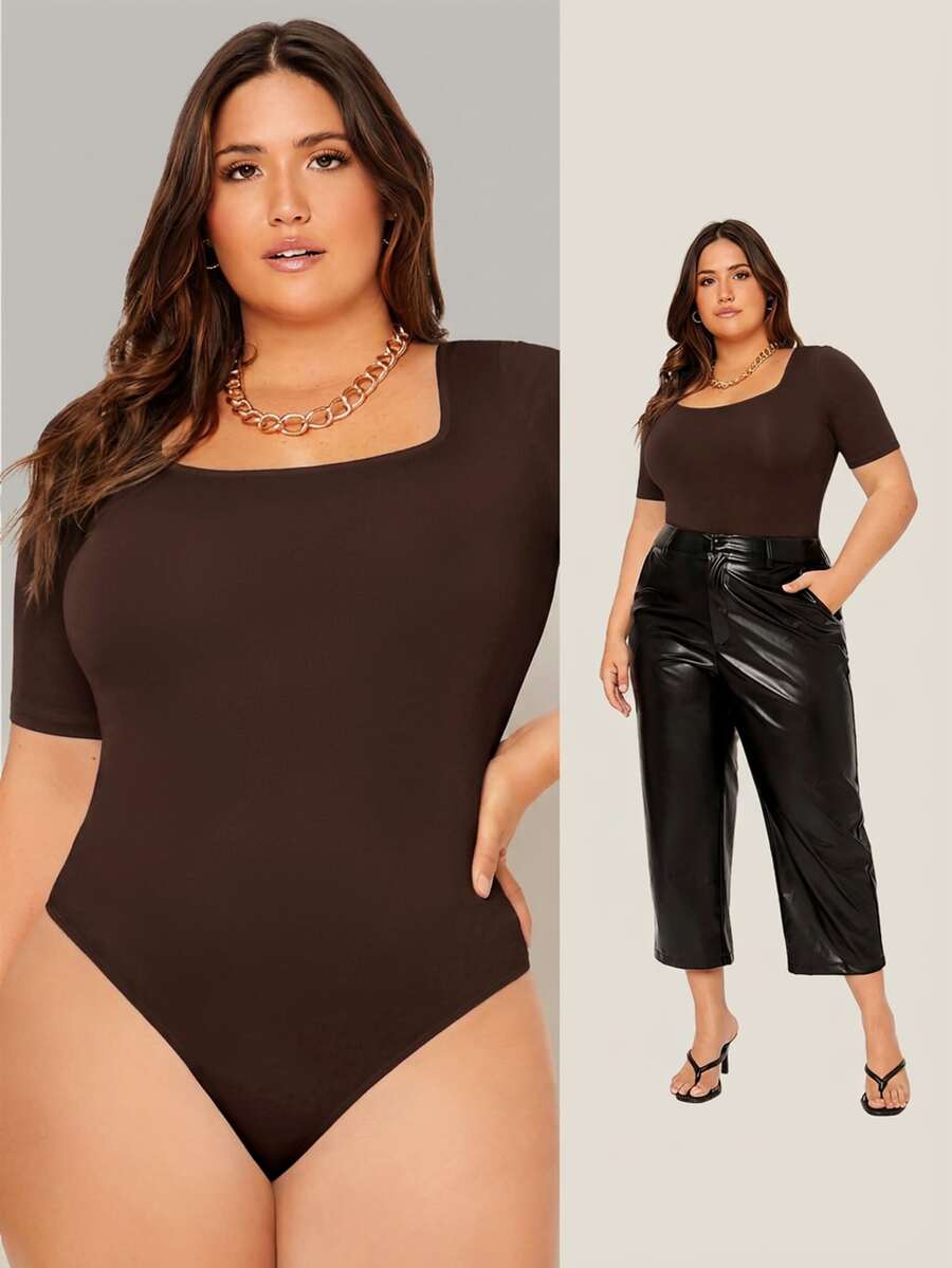 SHEIN BASICS 大尺碼純色圓領連身衣女款夏季穿搭 - 棕色 - 查看 1