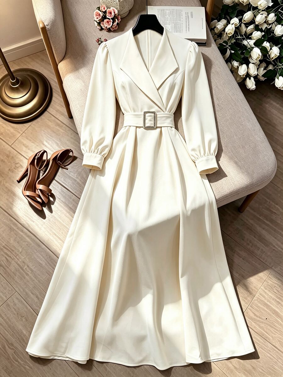 GlowEve Elegant Long Dress With Large Lapel And Belt Wrap For Women's Commute Office Cream White Summer - Beige - View 1