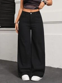 Jeanoix Petite Women's Casual Versatile Wide Leg Denim Jeans - Black - View 4