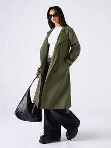 SHEIN EZwear 女款素色時尚百搭日常休閒風衣外套 - 軍綠色 - 查看 5