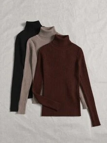 SHEIN LUNE 女款素色高領長袖休閒百搭套頭毛衣 - 棕色 - 查看 4