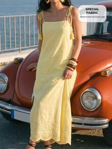 CAJUNI Women's Solid Color Casual Tropical Romantic Daily Vacation Brunch Summer Travel Spaghetti Strap Dress Yellow - Yellow - View 6