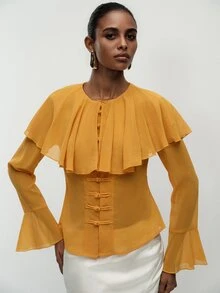 Aveloria Modichic Blus Wanita Lengan Panjang Elegan Warna Kuning Keemasan Polos Bahan Chiffon dengan Kerah Syal, Kancing Katak Cina, Manset Bergelombang, dan Pinggang Terikat, Cocok untuk Acara Brunch di Musim Panas. - Kuning - View 6