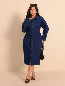 Elaquor Plus Size Women's Long Sleeve Single-Breasted Casual Denim Dress - Blue - View 2