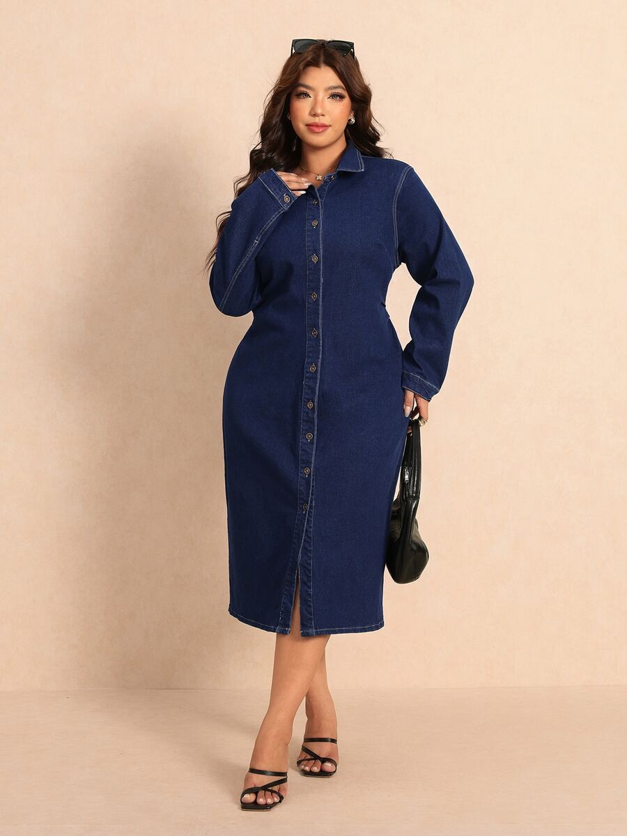 Elaquor Plus Size Women's Long Sleeve Single-Breasted Casual Denim Dress