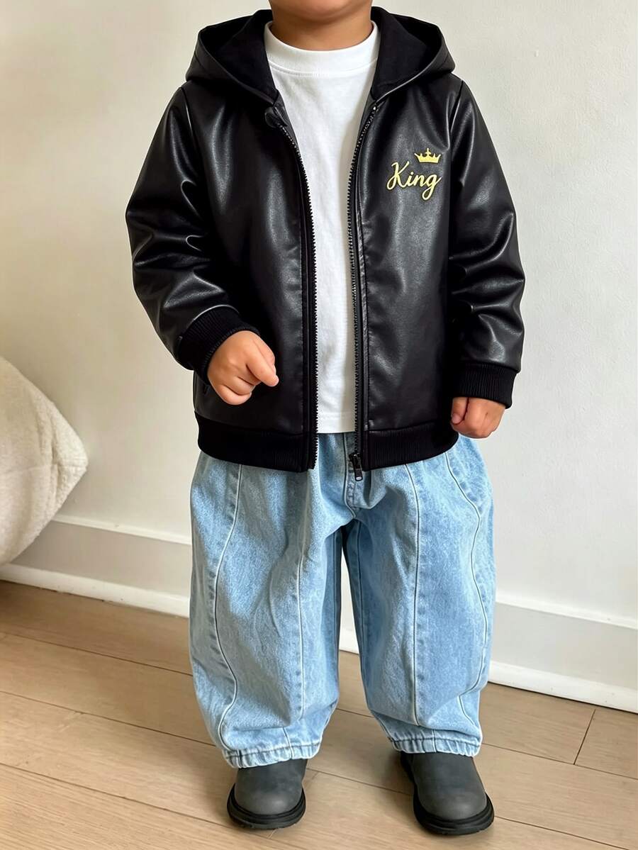 SHEIN 男童新款活力黑色PU皮革長袖連帽拉鍊開襟外套,時尚刺繡圖案,舒適面料,修身剪裁,秋冬新款,適合多季節與多場合,兒童套裝,小男孩夏秋套裝 - 黑色 - 查看 1