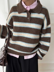 DAZY Sweater Kasual Urban Longgar Bergaris Blok Warna Berkerah untuk Wanita - Coklat - View 4