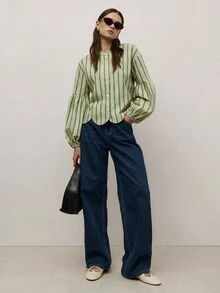 Nöista 女款條紋單排扣花瓣袖襯衫 - 綠色 - 查看 5