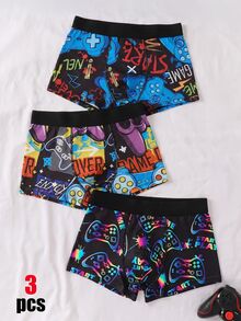 SHEIN 3件組青少年男孩簡約舒適遊戲控制器圖案可愛字母鬆緊腰內褲 - 彩色 - 查看 8