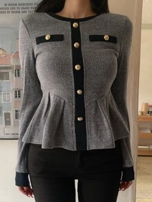 DAZY Women's Elegant Formal Vacation Spring Autumn Top T-Shirt With Patchwork Color Block, Cinched Waist, Flared Hem, Round Neck And Long Sleeves - Grey - View 5