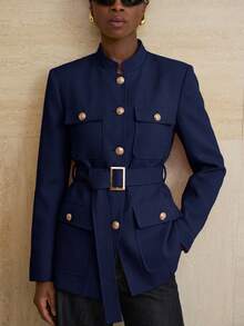 Aveloria Modichic Small Stand Collar Tweed Single-Breasted Metal Button Decor Belted Utility Jacket - Navy Blue - View 5