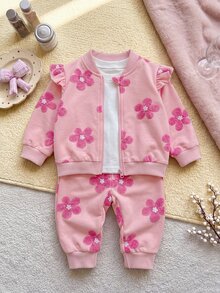 SHEIN Playful Pals 女嬰長袖圓領簡約休閒花卉印花夾克與時尚休閒百搭印花長褲套裝，舒適秋季休閒外出、玩耍與拍照穿搭 - 粉色 - 查看 7