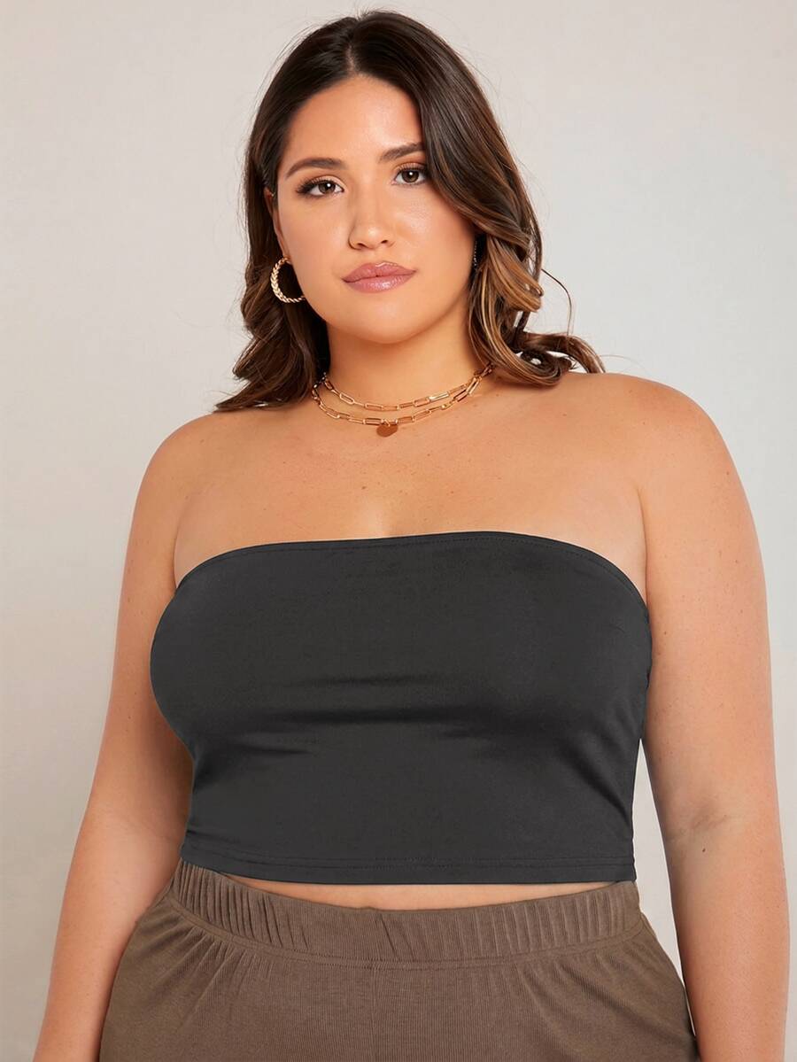 SHEIN BASICS 大尺碼短版抹胸上衣 夏季女款上衣 夏日穿搭 - 深灰色 - 查看 1