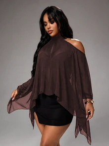 Rustia Plus Size Cold Shoulder Halter Neck Striped Casual Blouse, Comfortable Flowy Shirt For Spring And Summer - Brown - View 4