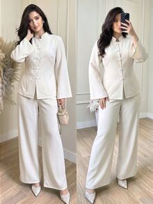 Modelyn Fall/ Elegant New Chinese Style Frog Button Stand Collar 2 Pieces Set Long Sleeve Top Minimalist Fashion Elegant Casual Outfit Dinner Formal White - Apricot - View 5