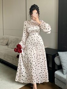 DAZY Women's Polka Dot Print Stand Collar Long Sleeve Ruffle Hem Dress Fall - White - View 7