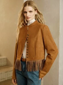 SHEIN Women's Jacket Short H-Line Soft Brushed Rhinestone Fringe Hem Multi-Button Stand Collar Commuting Vintage Brown Solid Western Outfits For Women Fall - Brown - View 6