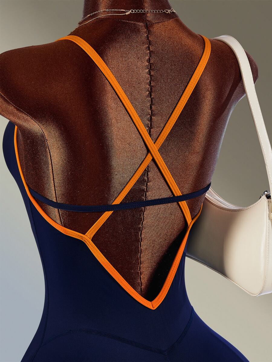 Amplova Women's Blue & Orange Colorblock X-Strap Backless Sports Romper - Navy Blue - View 1