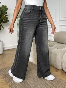 SHEIN MOD Plus Size Casual Washed Straight Leg Jeans - Black - View 3