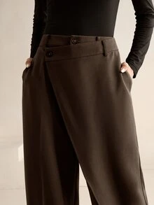 Anewsta Essential Women's New Professional Commute Minimalist Versatile Design Asymmetrical Patchwork High Waist Drape Straight Leg Pants - Mocha Brown - View 5
