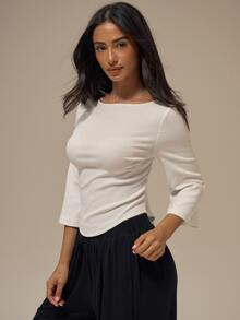 MUSERA ESSENTIALS White Fine Ribbed Knit Boat Neckline Curved Dip Hem Three Quarter Flare Sleeve Slim Fitted Top Basics Loungewear Casual Everyday Essentials - White - View 3