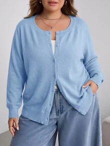 SHEIN CURVE+ Plus Size Casual Solid Color Round Neck Long Sleeved Loose Cut Women's Yellow Sweater Cardigan, Winter - Blue - View 4