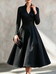 SHEIN Vintage Elegant Daily Commute Banquet Notched V-Neck Cinched Waist Long Sleeve Satin Midi Dress For Women - Black - View 7