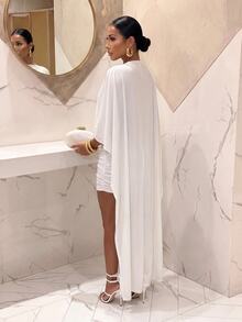 Slaydiva Wedding Guest Cocktail Birthday Formal Dinner Party Dress, Ruched Fitted White Elastic Satin Short Dress With Shawl - A - White - View 3