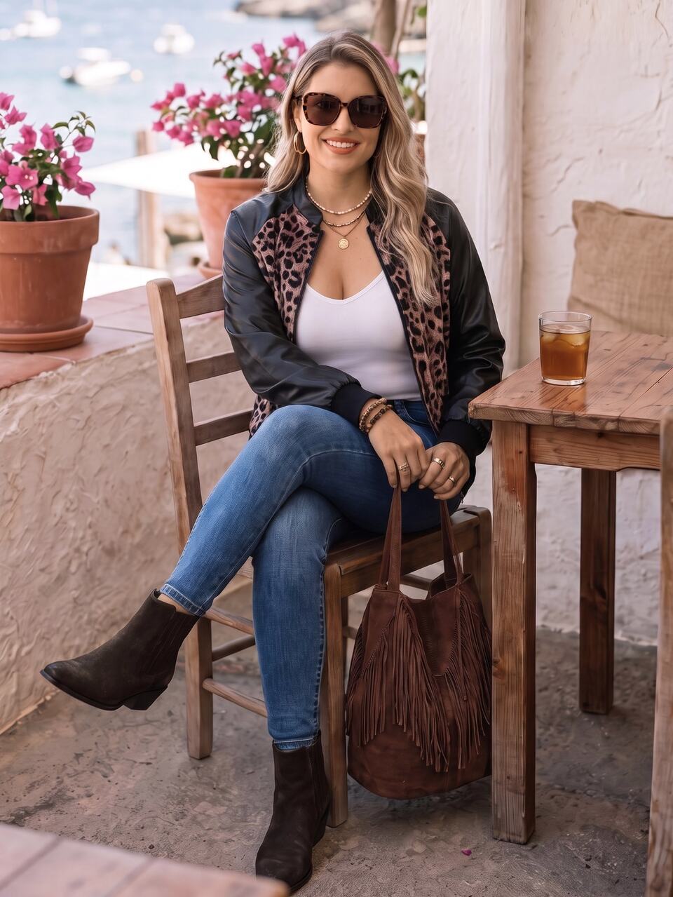 Plus Size Women Autumn/Winter Casual Vacation PU Leather Patchwork Leopard Print Jacket With Pockets, Going Out,Daily Wear,Holiday,Fall,Business