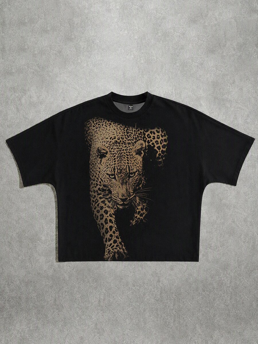 StoneGrade Street Style Bold Leopard Print Cropped Loose Fit Batwing Sleeve Short Sleeve T-Shirt, Bold Leopard Print Colliding With Silhouette, Instantly Elevating Street Vibe - Black - View 1