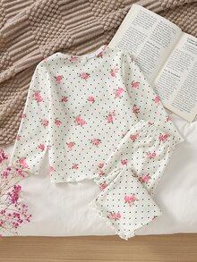 女嬰碎花長袖上衣與長褲套裝居家服 - 白色 - 查看 2
