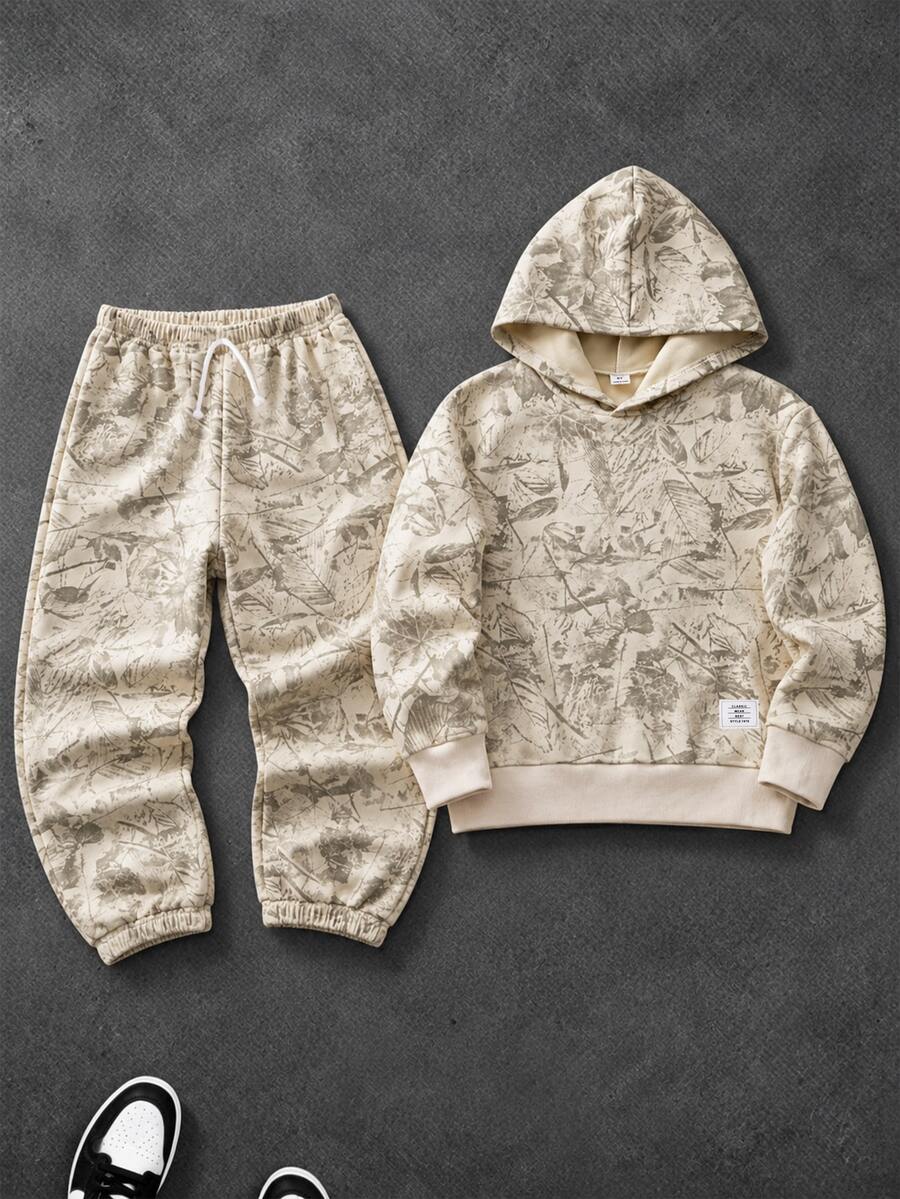 SHEIN Boys' Casual Fashion Hooded Printed Long Sleeve Sweatshirt And Sweatpants Set, Suitable For Daily, School, Sports And Other Occasions, Autumn - Apricot - View 1