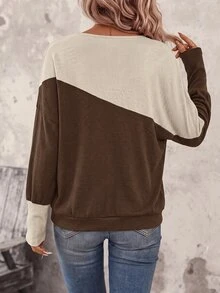 SHEIN LUNE Women's Colorblock Patchwork Batwing Sleeve Sweatshirt - Brown - View 2