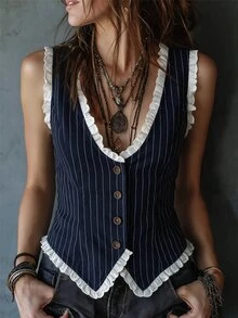 Solivie Women's Summer Bohemian Boho Vintage Elegant Romantic Lace Vest Top Autumn Outfit Blouses Dress Shirt Work Vacation For Women - Navy Blue - View 4