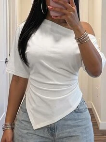 Slaydiva New Summer/Fall Women's Ribbed Asymmetrical Hem One Shoulder Short Sleeve Top/Y2k/Holiday/Streetwear/Rave/Going Out/Party/Night Club/Back To School - White - View 7