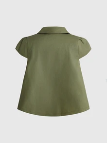ROMWE Kawaii 女款夏季畢業穿搭復古學院風彼得潘領可愛休閒襯衫 - 軍綠色 - 查看 2