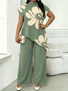 SHEIN Lady Plus Size Women's Floral Print Stand Collar Asymmetric Hem Blouse - Green - View 5