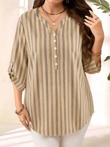 EMERY ROSE Khaki Striped Plus Size Shirt Suitable For Spring And Autumn - Multicolor - View 5