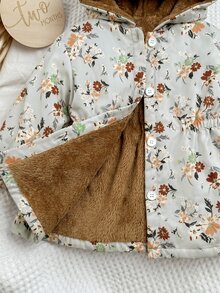SHEIN 女嬰花卉可愛秋冬百搭保暖內裡連帽夾克 - 綠色 - 查看 7