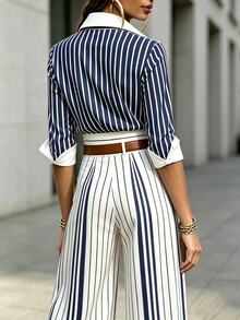 EMERY ROSE Plus Size Women's Striped Casual Versatile Everyday Outing Shirt - Multicolor - View 2