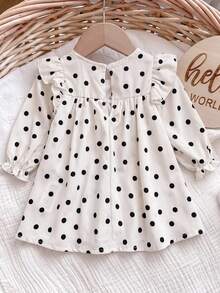 SHEIN Kids Kids Newborn Girl Polka Dot Kids Ruffle Bow Long Sleeve Dress - White - View 2