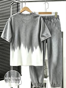 SHEIN 青少年男孩字母印花短袖T恤與長褲休閒日常穿搭套裝 - 灰色 - 查看 2