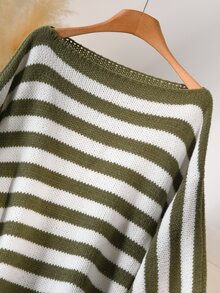 CosyJoli Plus Size Women's Fashion Casual Kawaii Olive Green Striped Loose Pullover Sweater, Versatile Commuter Top For Autumn/Winter Formal Vacation Top - Multicolor - View 4