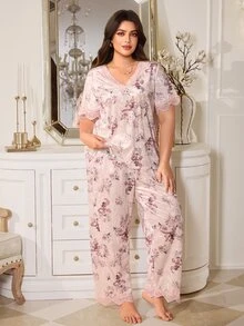 MuseNap CURVE Women's Plus Size V-Neck Lace Trim Velvet Printed Pajama Set - Multicolor - View 5