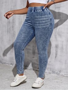SHEIN MOD Plus Size Women's Elastic Waist Skinny Casual Versatile Denim Jeans - Medium Wash - View 4