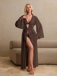 HautHeat 女款優雅性感蕾絲拼接睡裙 - 咖啡棕 - 查看 3