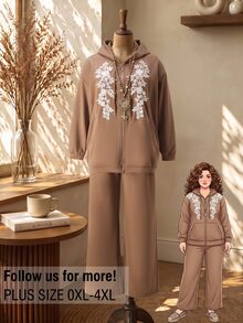 Rusticease Plus Size Women's Applique Decor Zipper Front Hooded Sweatshirt And Sweatpants Casual 2-Piece Set - Brown - View 1